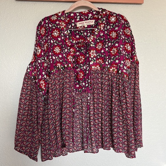 Free People Malia Embellished Printed Baby Doll Jacket Top Dark Red Medium - Picture 4 of 15